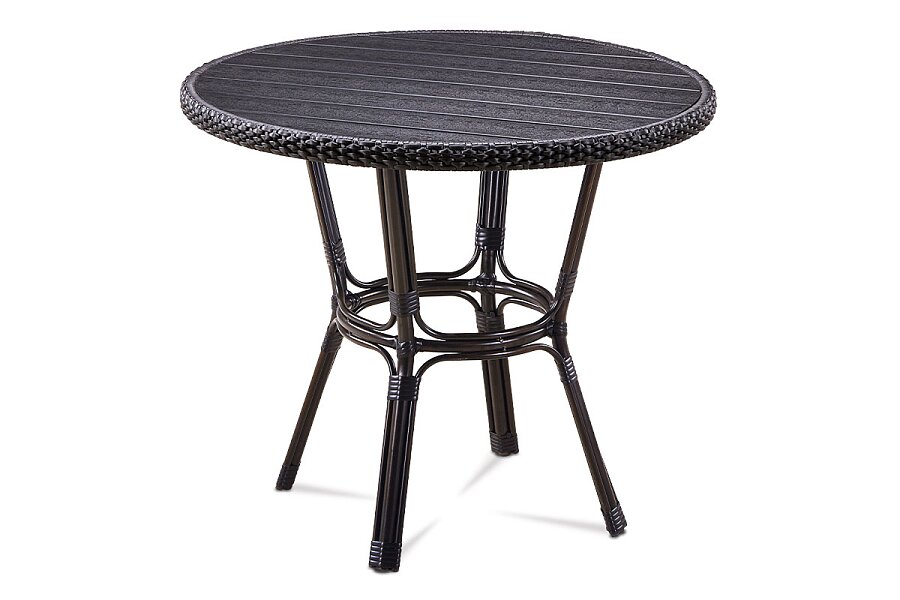 Zahradní stůl, kov hnědý, umělý ratan černý, polywood černý