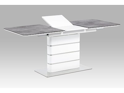 Jídelní stůl 140+40x80, šedé sklo, bílý vysoký lesk MDF, broušený nerez