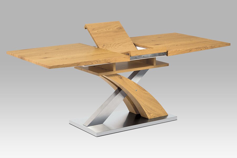 Jídelní stůl rozkládací 160+40x90 cm, MDF dekor dub, broušený nerez + MDF dekor dub