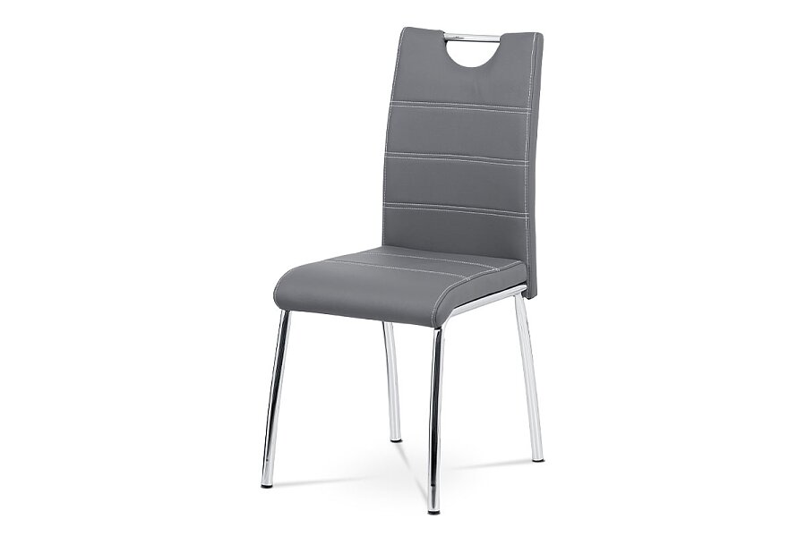 Jídelní židle - šedá ekokůže s bílým prošitím, kovová čtyřnohá podnož