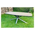 Stůl stojí na výrazné hvězdicové kovové podnoži v tmavém odstínu.