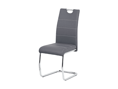 Jídelní židle, šedá ekokůže, bílé prošití, kov chrom