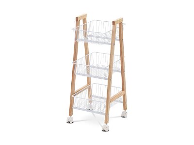 Regál, masiv smrk, 3 košíky bílý kov, plastová kolečka
