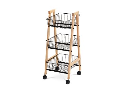 Regál, masiv smrk, 3 košíky černý kov, plastová kolečka