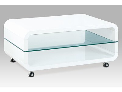 (AHG-011 WT) Konferenční stolek 90x60x40, MDF bílý vysoký lesk, čiré sklo, 4 kolečka