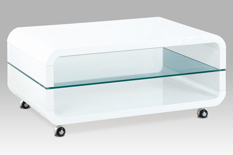 (AHG-011 WT) Konferenční stolek 90x60x40, MDF bílý vysoký lesk, čiré sklo, 4 kolečka