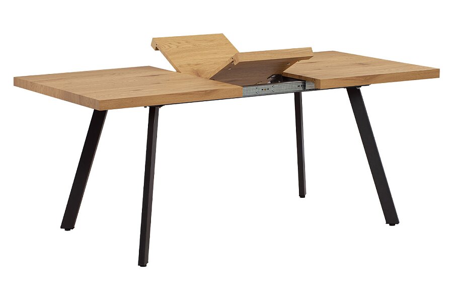 Jídelní stůl 140+40x85x76 cm, MDF deska, 3D dekor dub, kovové nohy, antracitový matný lak